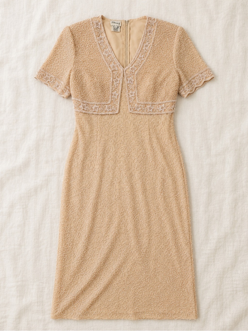 Beaded V-Neck Short Sleeve Dress in Champagne